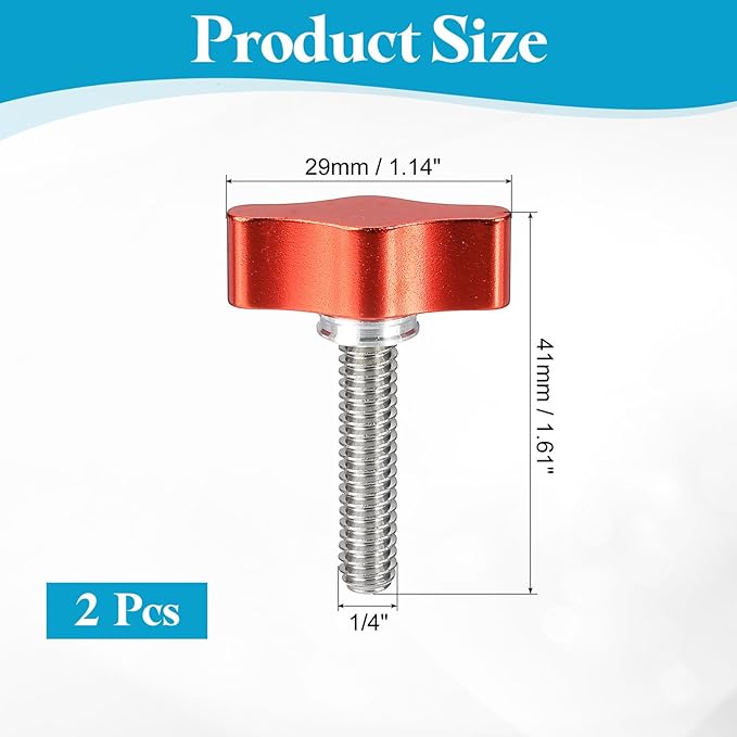 PATIKIL Clamping Screw Knob 1/4" x 1.61", 2Pcs Aluminum Alloy t Shaped Camera Thumb Screws for DSLR Flash Bracket Photography Light Stand Adapter Action Sports Camera Mounting System, Red