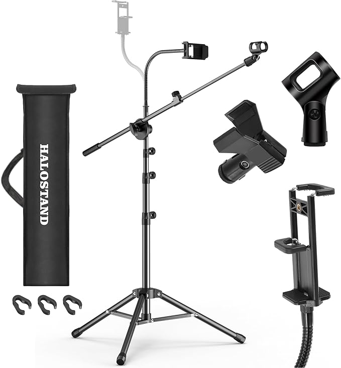 Microphone Stand with IPAD Clip, Floor Foldable Mic Stand with Phone Clip,Heavy Duty Tripod Boom Arm with 2 Mic Clips and Carrying Bag for Singing Karaoke Stage