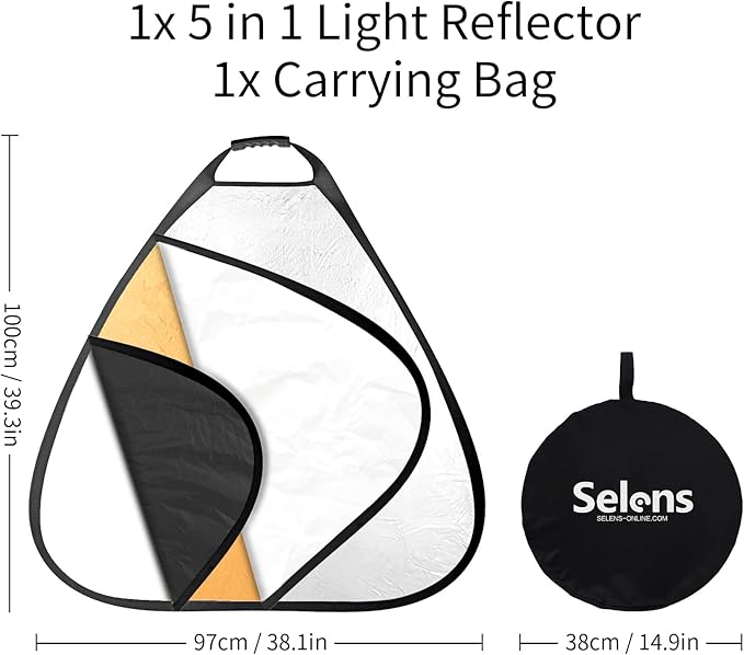 Selens 39.4 Inch (100cm) 5-in-1 Handle Triangle Light Reflector for Photography, Collapsible Multi-Disc Lighting Reflector with Portable Carrying Case for Photo Studio Lighting & Outdoor Lighting