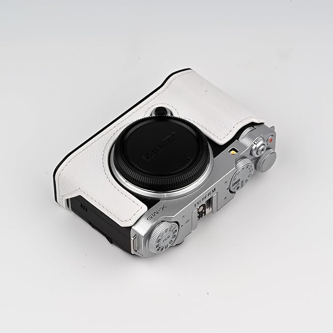 Uchandmade Handmade Genuine Leather Camera Half Case for Fujifilm X-M5/Fujifilm X-M5 Camera Case/Fujifilm X-M5 Case - Top Layer Cowhide Body + Metal Base Plate (White)
