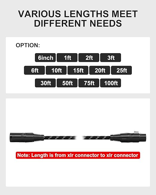XLR Cables Short, Mic Cord 1ft 2 Pack, Braided Balanced Microphone Cable Male to Female 3 Pin Connector for Microphones, Mixer, XLR Speaker Systems