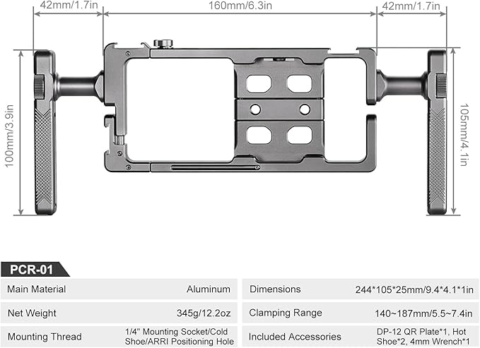 PCR-01 Smartphone Cage Universal Phone Video Rig Kit with Handle, Phone Stabilizer for Video Recording Cell Phone Filming Accessories