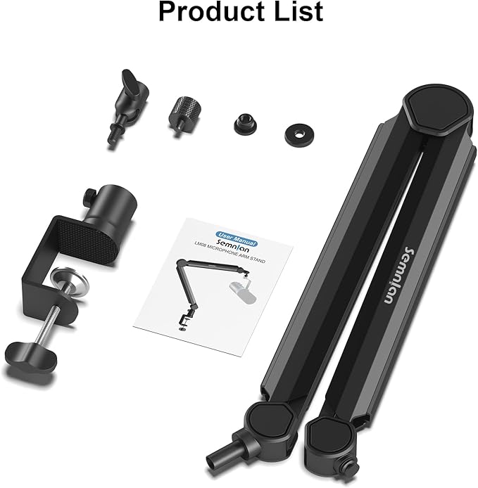LM08 Mic Arm Stand, 360° Microphone Stand with Cable Management Channels, Desk Clamp, Thread Adapter, Fully Adjustable Built Podcast Mic Boom Arm for Streaming Gaming Recording Black