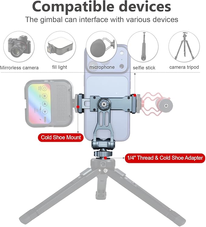 Metal Phone Camera Tripod Holder, 360° Rotatable & 180° Vertical Adjustment, Cold Shoe and 1/4" Thread Port, Compatible with iPhone17Pro Max 16 15 14 and Samsung Phones, Selfie Stick & Camera Cage。