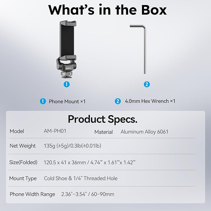 Sirui Metal Phone Holder with Cold Shoe Base for Camera Mount, Universal Tripod Smartphone Clamp with 3 Cold Shoes, Adjustable Cellphone Tripod Mount for iPhone 16 15 14, etc. Gunmetal, AM-PH01