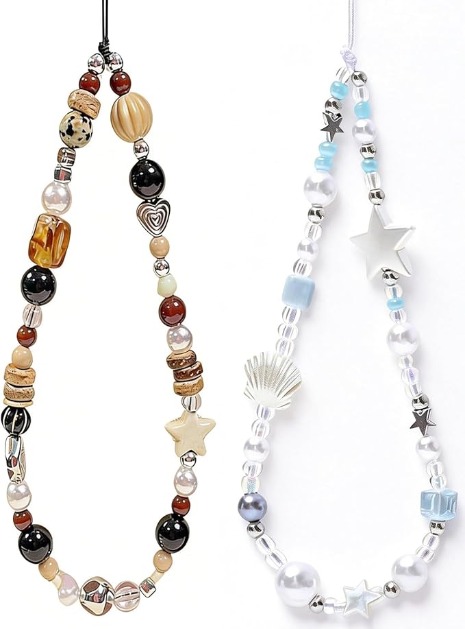 2 Pcs Phone Charm Strap Universal Hand Phone Wrist Strap Camera Lanyard Pearl Beaded Cute Chain String Accessories Universal for iPhone 17 16 Pro Max Samsung Women Girls Keychain Brown and White Star