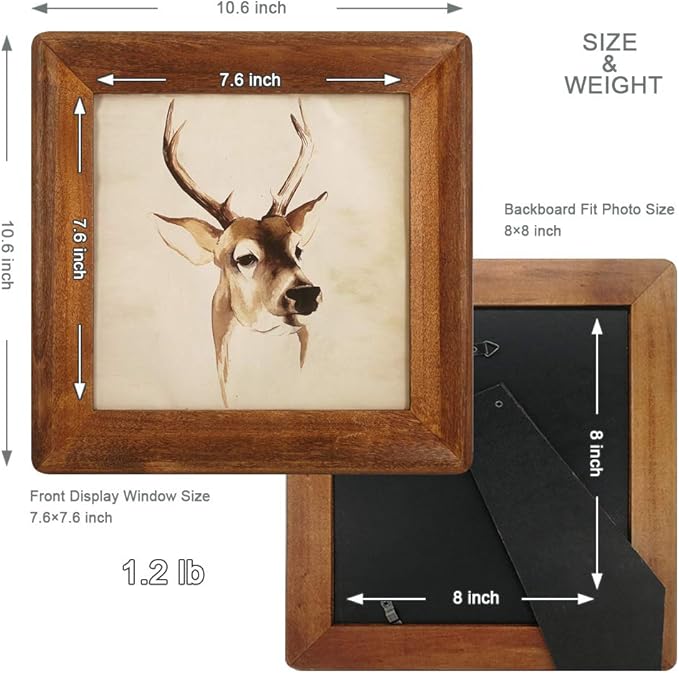 8x8 Picture Frames, Rustic Wooden Square Photo Frame with Real Glass Front,Wall and Tabletop (Brown)
