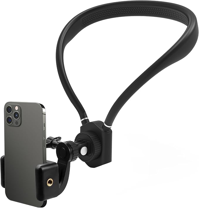 Neck Mount for Phones, Hands Free POV/Vlog Filming, Neck Cell Phone Holder for Recording Cooking Riding Outdoor, Content Creator Essentials Compatible with iPhone Android Smartphones (Black)
