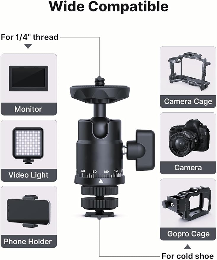 XIAOTJ Mini Ball Head with Hot Shoe Mount Adapter, Metal 360° Rotating Panoramic Tripod Head with 1/4" Screw, for Monitor/LED Light/Action Cameras/Phone Holder Attach DSLR Camera Cage Cold Shoe Mount
