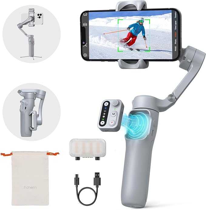 hohem iSteady X3 Gimbal Stabilizer for Smartphone,Portable Foldable 3-Axis Phone Gimbal with Magnetic Fill Light,Detachable Remote Control,Built-in Extendable Rod&Tripod for Travel/Vlog/TikTok - Grey
