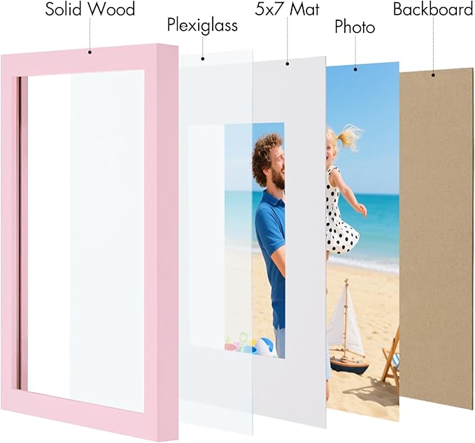 Vittanly 8x10 Picture Frame, Made of Solid Wood and Shatterproof Plexiglass, Display Pictures 5x7 with Mat or 8x10 without Mat, Wooden Photo Frame for Wall Mounting or Tabletop Display, Pink, 1 Pack