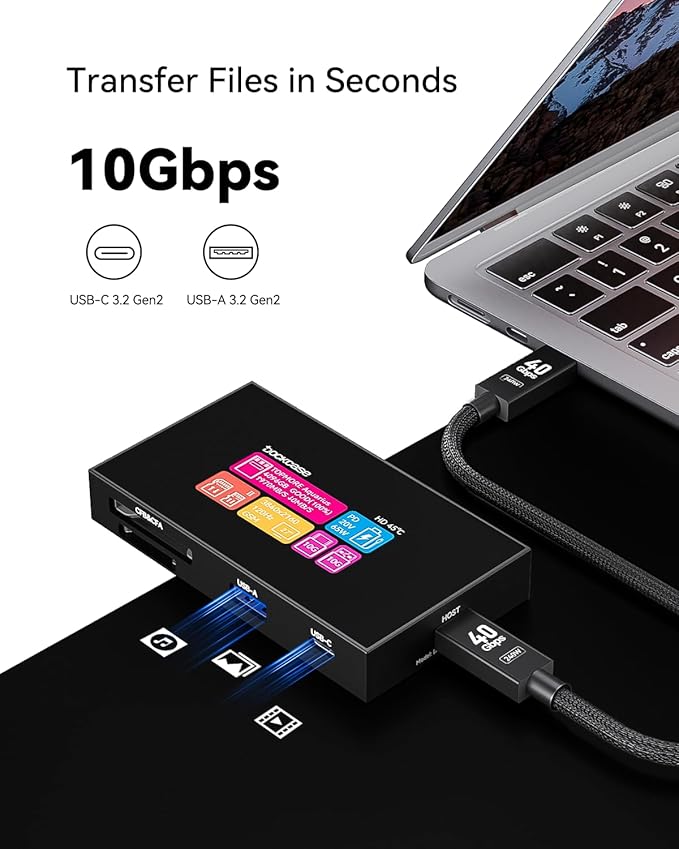 DOCKCASE Smart 8-in-1 CFexpress Type B/Type A Card Reader with Touch Screen | UHS-II SD/microSD Slots, 4K HDMI, USB-C & USB-A 3.2 Gen 2 (10Gbps), 100W PD for Filmmakers, Photographers & Creators