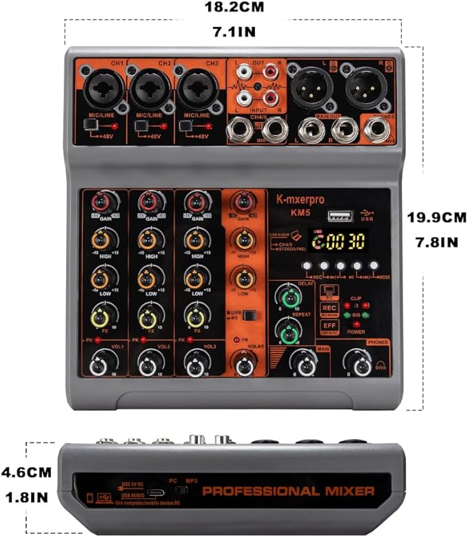 5 Channel Professional Audio Mixer Console Sound Board with 48V Phantom Power,USB Audio Interface for Live Show,Streaming Recording Music Stage Karaoke