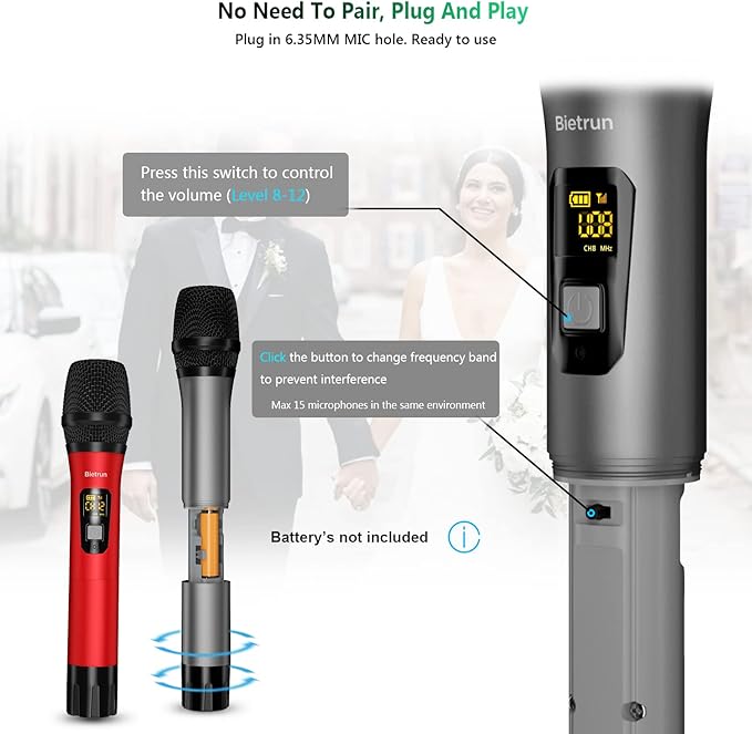 Bietrun UHF Wireless Microphone with 1/4'' Plug Rechargeable Receiver, 160 Feet, Professional Metal Dual Handheld Cordless Dynamic Mic System for Karaoke, Wedding, Singing, DJ, Party, Speech, Church