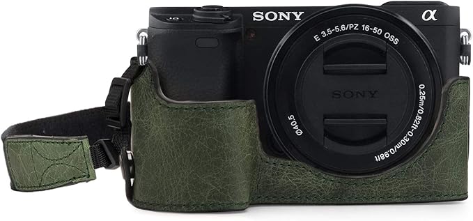 MegaGear MG1644 Ever Ready Genuine Leather Camera Half Case Compatible with Sony Alpha A6100, A6400 - Green