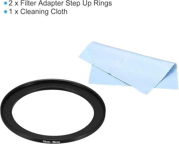PATIKIL 72mm-86mm Metal Step Up Ring with Cleaning Cloth, 2 Pack Camera Lens Filter Adapter Ring Aluminum Filter Adapter Ring for Camera Lenses Hood, Black