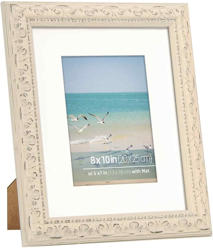 8x10 inch Distressed Wood Embossed Scroll Motif Vintage Antique Rustic Picture Frame, White Mat for 5x7 in Photo, Art Print Drawing, Wall Hanging or Desktop Display-Washed White
