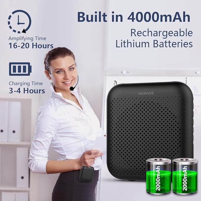 Norwii Voice Amplifier Wireless Microphone , 4000mAh Portable Rechargeable Bluetooth Mini Personal Speaker with 2 Headset Microphones for Teachers, Classroom, Meetings and Tour, Black