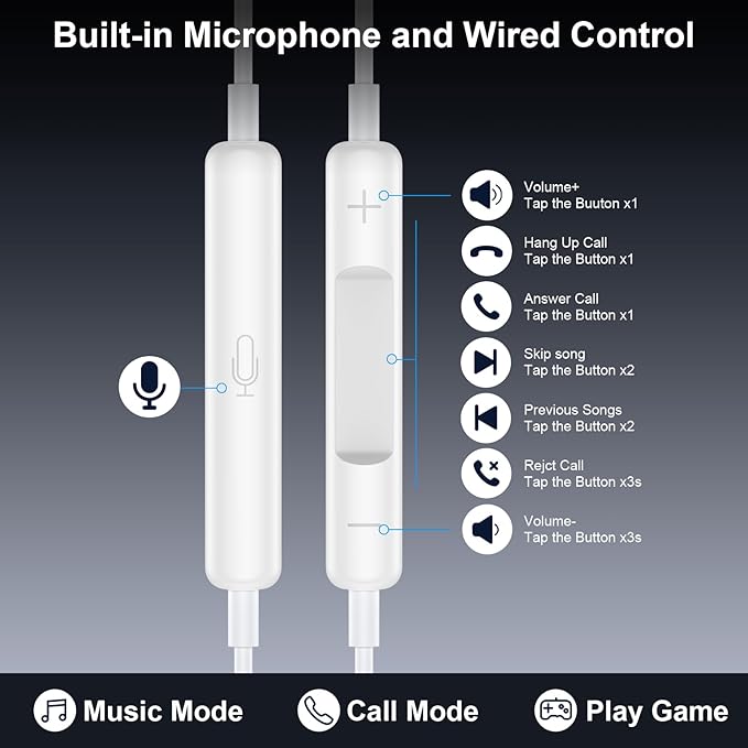 USB C Headphones for iPhone16/15, iPhone Wired Earbuds with Microphone Noise Cancelling Usbc Wired Earphones for Samsung Galaxy A17 iPhone 17Pro Max iPad Pro Wired Ear Buds TypeC Plug, White