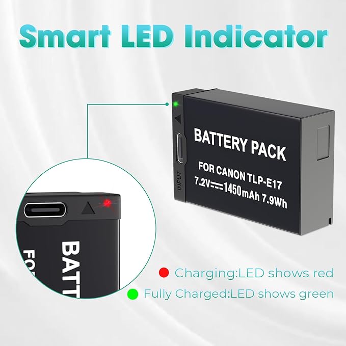 LP LP-E17 Battery 2-Pack 1450mah USB-C Charging Port Battery for Canon EOS R50 RP R10 R8, Rebel T8i, T7i, T6i, T6s, SL2, SL3, EOS M3, M5, M6, EOS 200D,77D,750D,760D,800D,8000D Digital SLR Camera