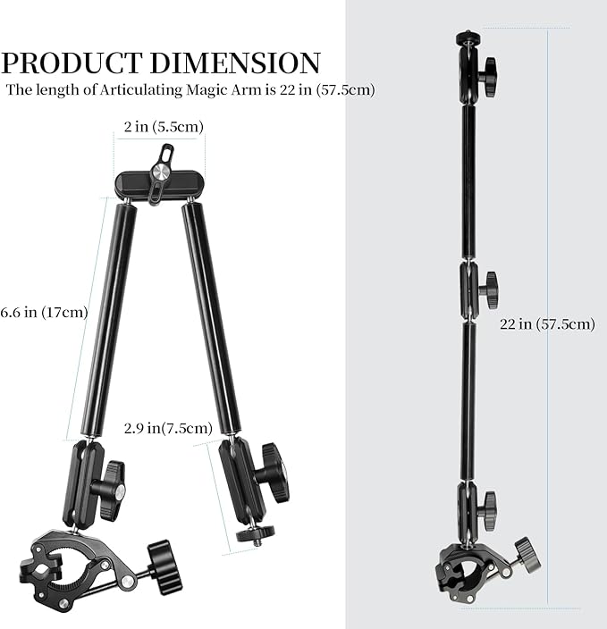 FIFIELD 22" Magic Arm with Super Clamp Overhead Camera Mount for Camera, 1/4” Threads Adjustable Desktop Stand Holder Compatible with Phone Microphone Webcam Action Camera Video Light