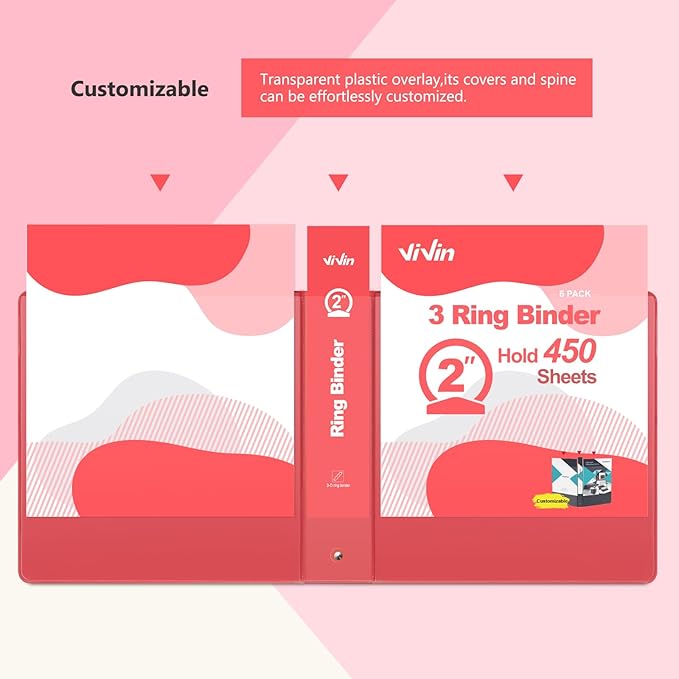 ViVin 2 Inch Round Ring View Binder for Durability, Standard 3 Ring Binder for 450 Sheets of US Letter Size Paper, PVC-Free, 6-Pack (Red)