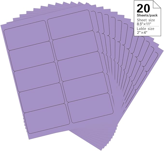 2" x 4" Colored Address Labels, 200 Bright Purple Label Stickers- Laser/Ink Jet Printer Mailing Labels, 8.5"x11" 20 per Sheet