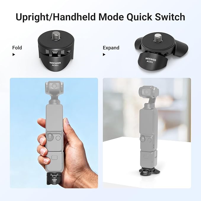 NEEWER Mini Tripod Compatible with DJI Osmo Pocket 3, Small Desktop Gimbal Camera Holder Mount Stand with 1/4" Screw Compatible with Insta 360 X5 X4 X3 Action Cams, Upright/Handheld Mode Switch, AC051