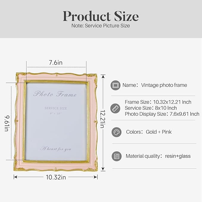 Cuspin 8x10 Picture Frame Pink Vintage Frame, Ornate Pink and Gold Picture Frame with Glass Front Handcrafted Resin Frames, Antique Textured Design for Wall Hanging & Tabletop Display
