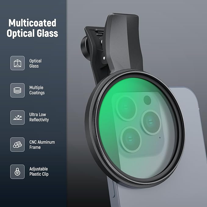 NEEWER 67mm Clip On Black Diffusion 1/4 Filter Compatible with iPhone, Phone Camera Lens Photography Accessories Kit Compatible with iPhone 17 16 15 Pro Max Plus 16e 14 13 mini, FL-B24