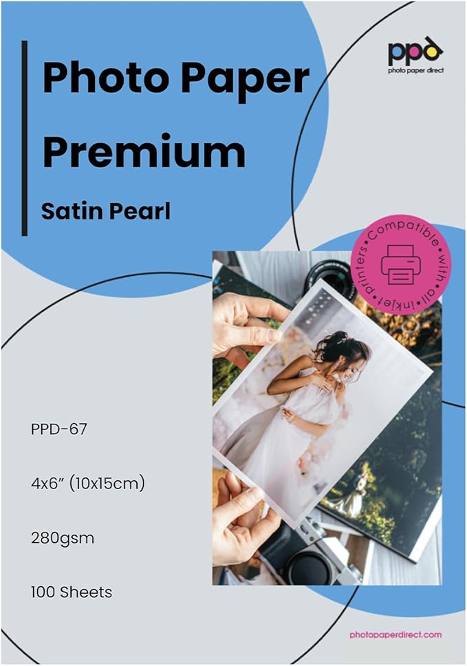 PPD Satin Photo Paper for Inkjet Printer, Premium Semi-Gloss Luster Finish 4 x 6 Size Sheets for Printable Photos, Thick 255 gsm 68 lbs 10.5 mil, White, Water Resistant & Instant Dry Prints (100 Pack)