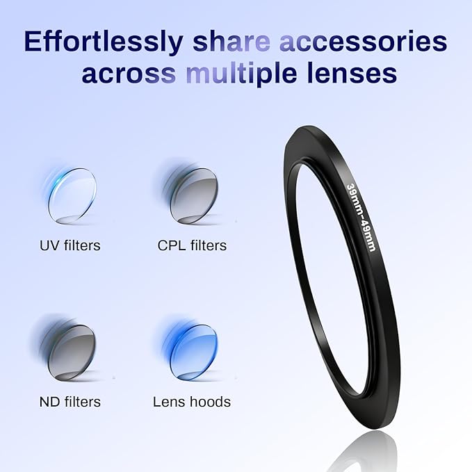 39mm to 49mm Lens Filter Adapter Ring, Metal Step Up Ring Adapter Filter Stepping Rings Fits 39mm Lens to 49mm DSLR/Digital Cameras & UV/CPL/ND Filters