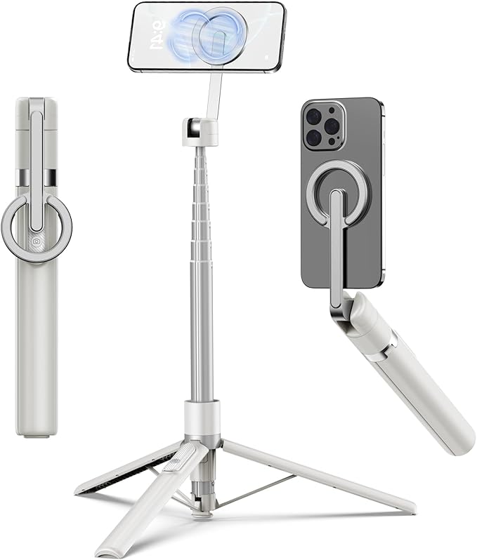 TONEOF 68" Magnetic Selfie Stick Tripod with Aluminum Strong Magnetic Holder for Magsafe, 360° Rotatable Travel Phone Tripod Stand with Metal Ring & Rechargeable Remote for iPhone/Android(Beige Gray)