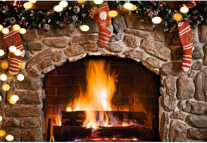 CSFOTO 14x10ft Vintage Brown Brick Wall Burning Fireplace Background Gold Glitter Sequins Country Farm Christmas Living Room Decoration Background Winter House Photo Studio Props