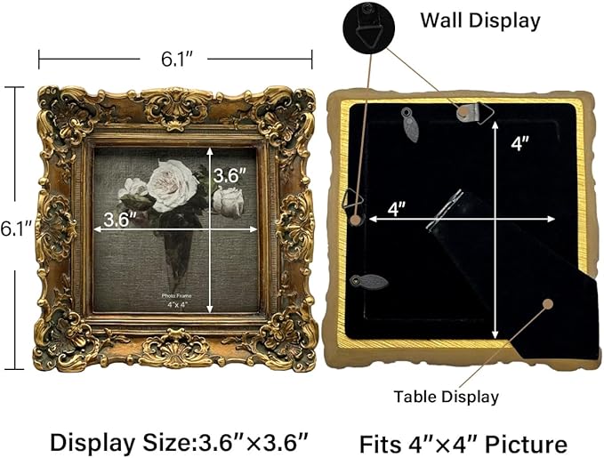 CISOO 4x4 Vintage Small Picture Frame, Antique Ornate Bronze Gold Square Photo Frame, for Table Top and Wall Display, Decorative Floral Design Retro Home Decor, Photo Gallery Art