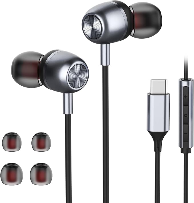 USB C Headphones for Samsung S24 S23 FE S22 S21 S20 A53 A54 Wired Earbuds Metal in-Ear Type C Earphone with Microphone Volume Control Bass Stereo for iPhone 17 Pro Max iPhone 16 Pro Max Pixel (Black)