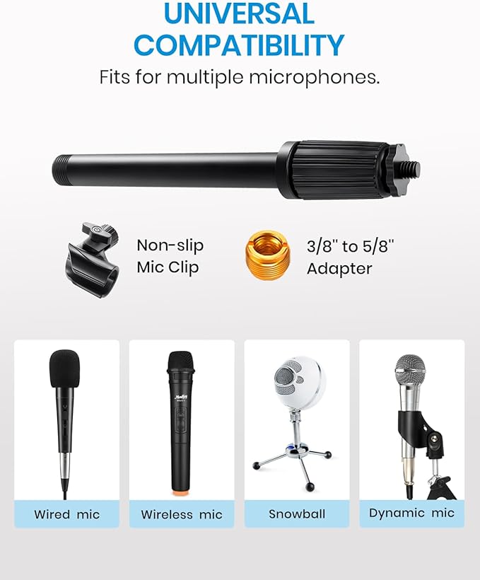 Moukey Mic Stand Desk Adjustable Tabletop Microphone Stand with Non-Slip Mic Clip, Short Table Mic Stand with Gear Fixing, Boom Arm, 3/8" and 5/8" Adapter, MMs-5
