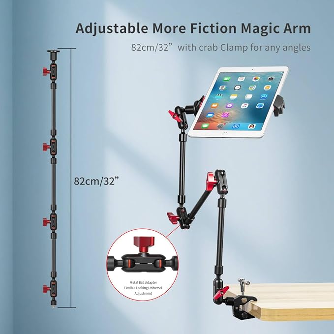 Adjustable Articulating Magic Arm with Clamp and Phone Holder Clip for Desk Mount, Desk Stand, Cell Phone Tripod