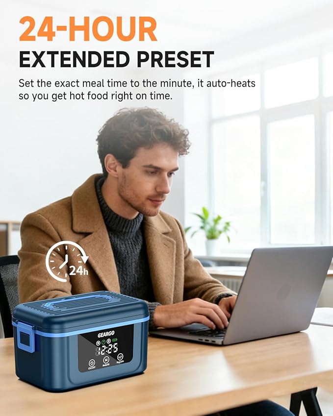 GEARGO 𝟐𝟎𝟐𝟔 𝐔𝐩𝐠𝐫𝐚𝐝𝐞𝐝 Cordless Electric Lunch Box, 1.6L & 24000mAh Rechargeable Heated Lunch Box with Ice Crystal Box, 24 Hours Scheduled Self Heating Lunchbox For Work Men Women(Blue)