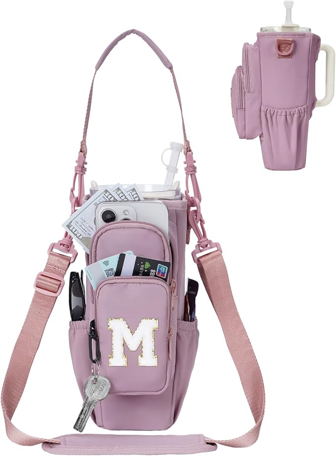 sportsnew Birthday Gifts for Women Personalized Initial Water Bottle Holder with Strap fits most 40oz Tumbler with Handle Water Bottle Carrier Bag with Phone Pocket & Straw Topper Tumbler Accessories