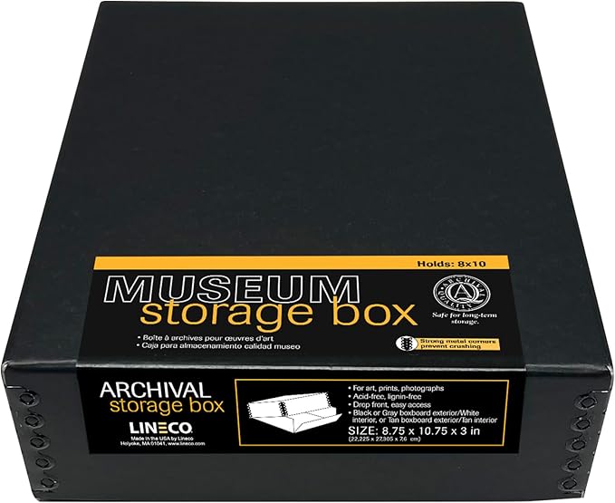 Lineco, 8x10 Museum Archival Storage Box, Drop Front Design with Metal Edge, Acid-Free, Preserveor for Photos, Documents, Crafts, DIY, Black