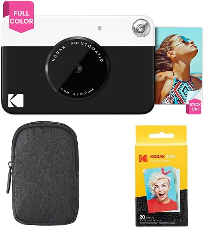Kodak Printomatic Full-Color Instant Print Camera Starter Bundle + Carrying Case + Zink 20pk Photo Paper - Colorful Photos On 2x3 Sticky-Back Paper - Fun Gift for Birthday Christmas Holiday - Black