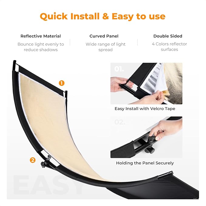 K&F CONCEPT U-Shape Reflector Curved Reflector 180x60cm with 4-in-1 Reflective Fabric, Black/Gold/White/Silver, with 1.9m Stand, with Storage Bag, for Photography Studios