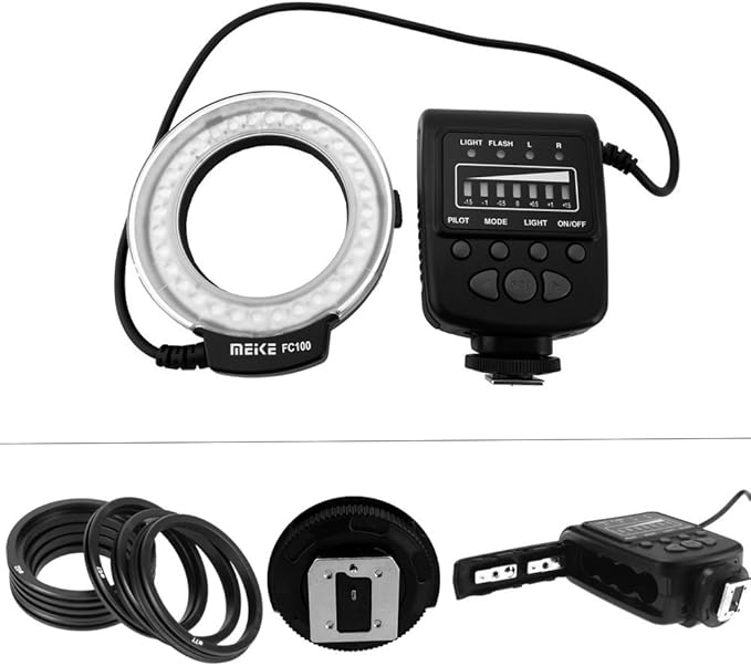 Meike LED Macro Ring Flash Light FC-100 Compatible with Canon N Pentax Olympus DSLR Camera Camcorder with Adapter Rings