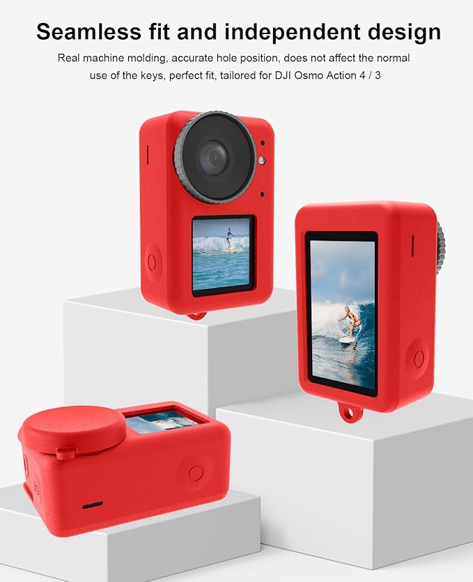 PULUZ Silicone Protective Case for DJI Osmo Action 5 Pro/4/3 with Lens Cap,Dust-Proof,Slim Durable Lightweight Rubber Soft Silicone Camera Protective Cover Accessories(Red)