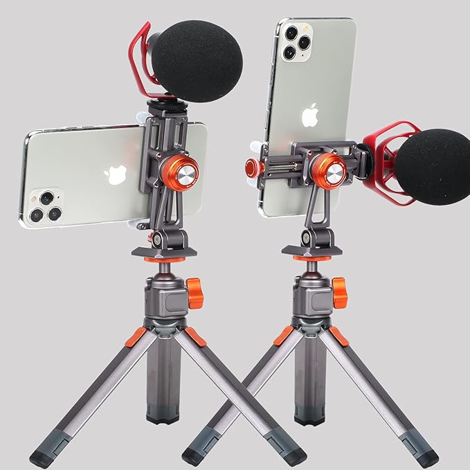 Metal Cell Phone Tripod Mount, Smartphone Tripod Mount Adapter with Cold Shoe, Cell Phone Stand Holder Clamp for iPhone 6 7 Plus 11 12 13 Pro Samsung Google