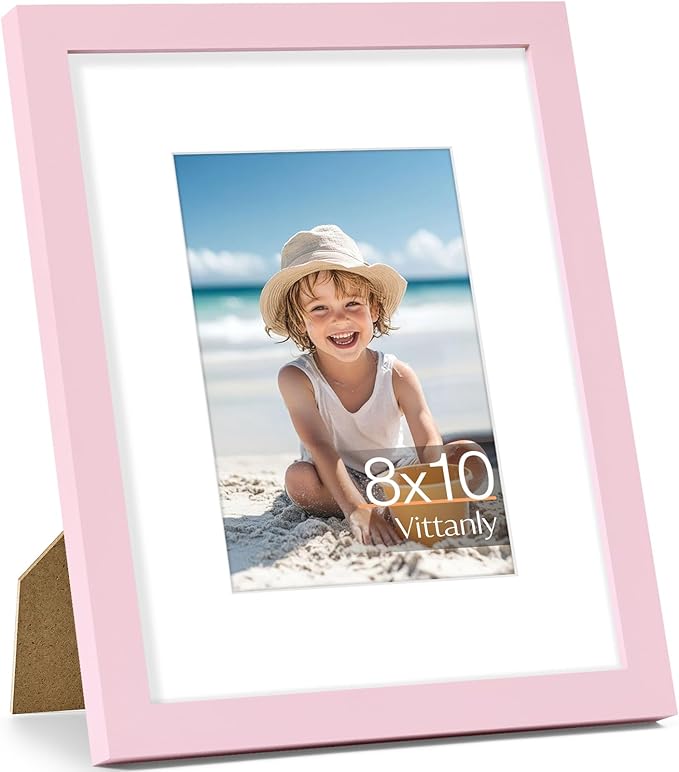 Vittanly 8x10 Picture Frame, Made of Solid Wood and Shatterproof Plexiglass, Display Pictures 5x7 with Mat or 8x10 without Mat, Wooden Photo Frame for Wall Mounting or Tabletop Display, Pink, 1 Pack