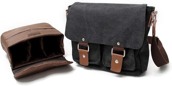Waterproof Camera bag/Case, Vintage Canvase Leather Trim DSLR SLR Camera Shoulder Messenger Sling bag for for Nikon, Canon, Sony, Pentax, Olympus Panasonic, Samsung & Many More