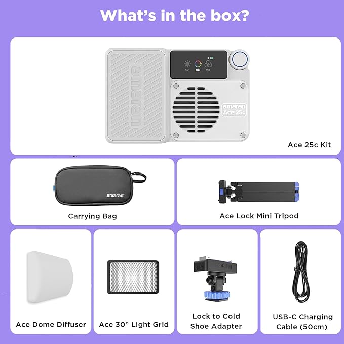 Amaran Ace 25c Kit RGB Video Light,25W On Camera Pocket Video Light CCT 2300k-10000k, 5,908 lux @ 0.5m Illumination,with Rechargeable Battery and PD Charging (White)
