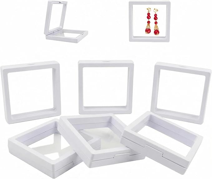 6 Pack 3D Floating Display Case, Clear Jewelry Display Box with Suspended Film, Transparent Storage Holder for Rings, Earrings, Coins, Stones, Plant Specimens & Collectibles (White)